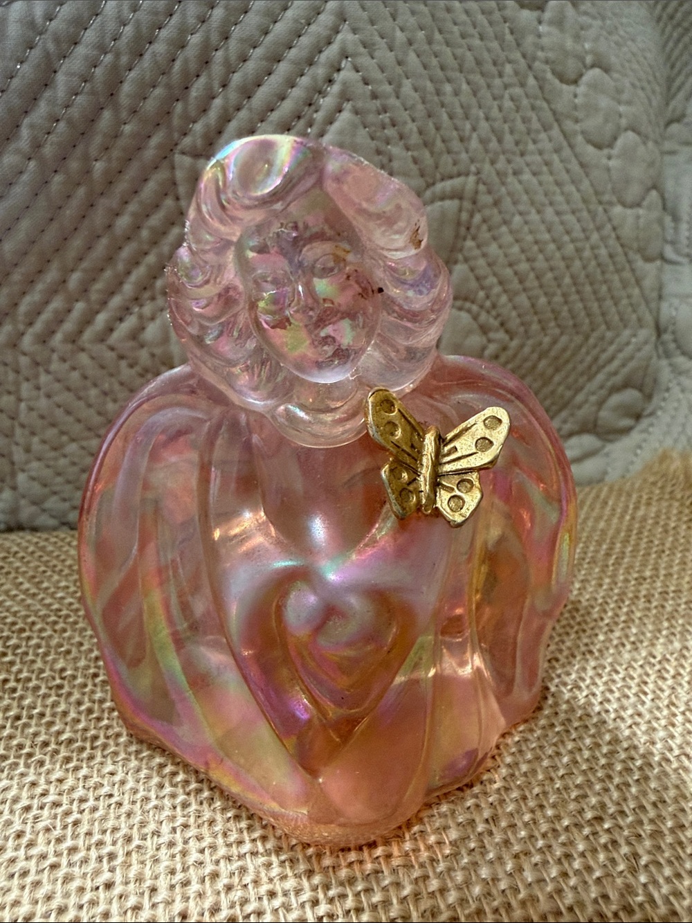 Fenton Iridescent Pink Glass Angel with Gold Butterfly Accent